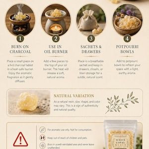 Pu&ograve; includere: Resina di copale bianco Aroma & Depot in un sacchetto trasparente, con istruzioni per l'uso. L'immagine mostra la resina bruciata su carbone, in un bruciatore a olio, in bustine e in ciotole pot-pourri. Il testo dice "Pure. Natural. Authentic."