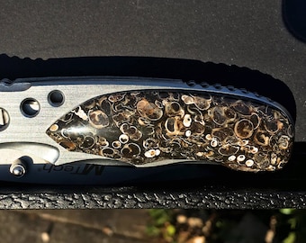 Turritella, single sided, stone handle, spring assisted, M-Tech Knife - gray white and black stone fossil shells