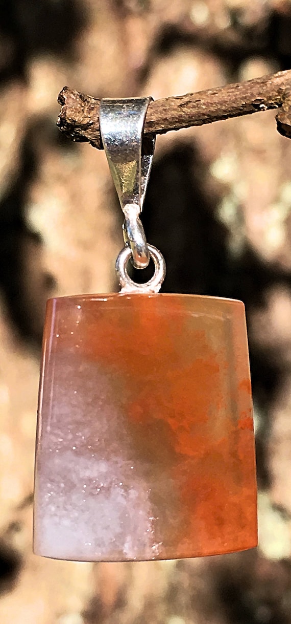 Strawberry Tennessee Paint Rock Pendant w sterling silver pin and bail orange and red smokelike inclusions in clear white agate w sparkles Strawberry Tennessee Paint Rock Pendant w sterling silver pin and bail orange and red smokelike inclusions in clear white agate w sparkles