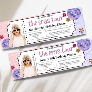 Eras Tour Ticket Stub Invitation, Customizable Birthday Party Invite, Taylor Swiftie Ticket Stub, Instant Download Concert Gift, Printable