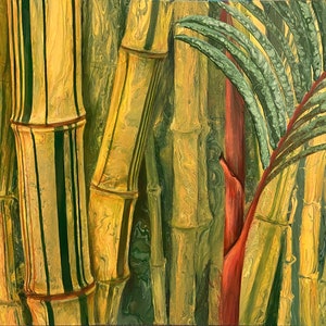 Puede incluir: Pintura abstracta de tallos de bambú en tonos amarillos, verdes y marrones. El bambú tiene rayas verticales de color verde oscuro. También se ven hojas de palma con hojas verdes y tallos rojos.