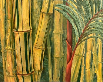 May include: An abstract painting of bamboo stalks in shades of yellow, green, and brown. The bamboo has dark green vertical stripes. Palm fronds with green leaves and red stems are also visible.