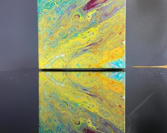 Small painting, green, blue, and yellow fluid acrylic pour with burgundy accent, fluid art, original art