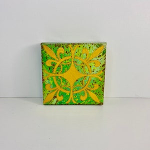 Green and gold mandala painting, Anahata chakra, fluid acrylic pour, bookshelf decor, small colorful painting