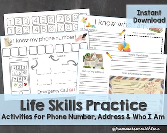 May include: Black and white printable worksheets for kids to practice life skills such as writing their phone number, address, and personal information. The worksheets include a phone, house, and envelope.