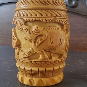 Vintage Hand-Carved Wood Pen Holder Cup - Artisan Office Decor - Natural Wood Pencil Cup - Rustic Boho Desk Organizer - Animal Pen Holder