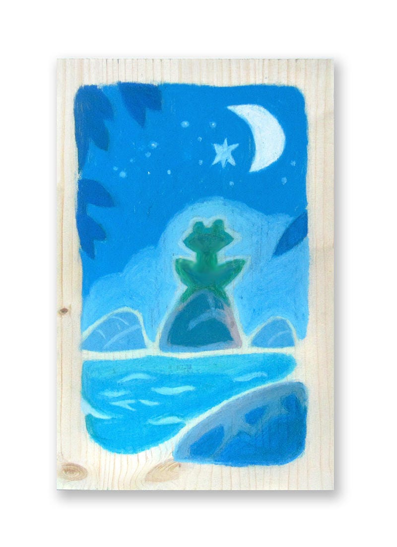 Grenouille et Lune - Illustration Bois Décoration Chambre Enfant Pastel Art Artisanat Cadeau Enfant