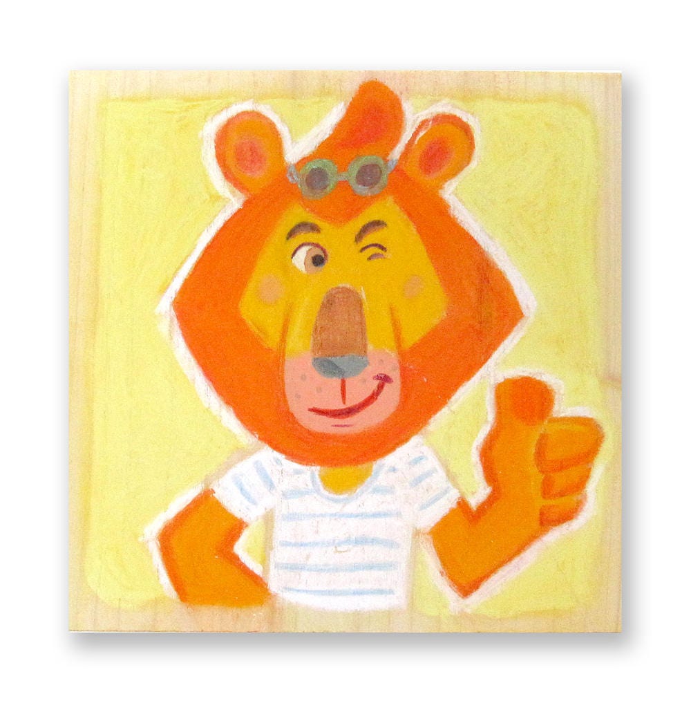 Monsieur Lion - Illustration Bois Décoration Chambre Enfant Pastel Art Artisanat Cadeau Enfant