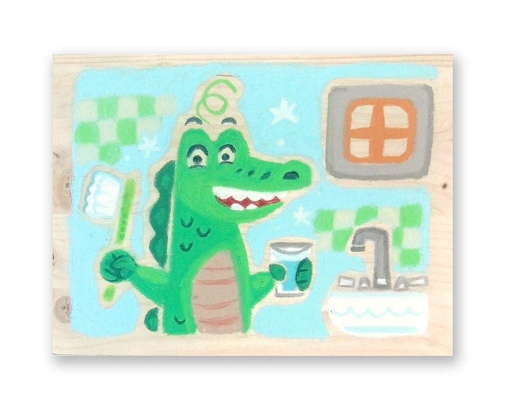 Crocodile - Illustration Bois Décoration Chambre Enfant Pastel Art Artisanat Cadeau Enfant