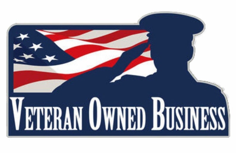 May include: A blue and white logo with a silhouette of a person saluting in front of an American flag. The text "Veteran Owned Business" is below the image.