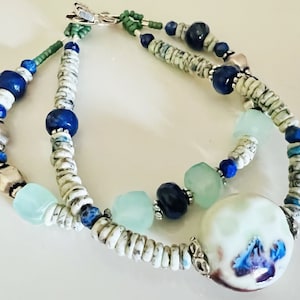 Chalcedony, Jasper, and Lapis Two-Strand Bracelet