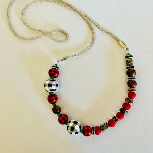 Buffalo Check Rounds with Wood, Resin and Rhinestone Beads Asymetrical Slip-on Necklace