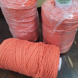 May include: Three rolls of coral-colored macrame cord. Two rolls are wrapped in clear plastic, and one is unwrapped. The cord is tightly wound, showing the texture of the twisted fibers. The rolls are on a dark wooden surface.