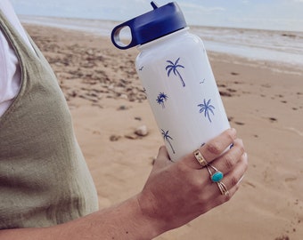 Sketchy Palm Trees Water Bottle - Biro Blue | BBOTTLED | Personalised Water Bottle | 32oz Water Bottle | Matte Glossy
