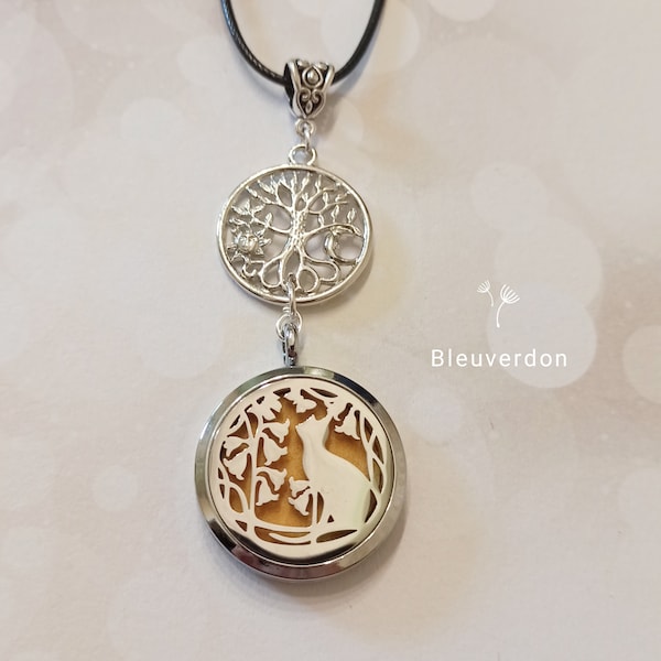 Cat and tree of life aromatherapy necklace