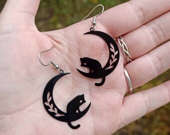 Orecchini Gatto E Luna In Tessuto Nero – Lebole Gioielli – 9 Cm, Ottone Dorato E Seta, Made In Italy