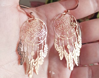 Rose gold Lotus dreamcatcher earrings. Filigree earrings. Gift idea.