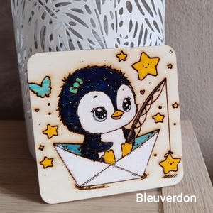 Petit cadre aquarelle sur bois peint à la main. Carte de naissance. Cadre pingouin. Décoration chambre d'enfant. Annonce prénom...