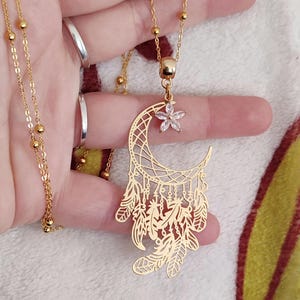 Dreamcatcher necklace with a fairy moon and rhinestone flower. Gift idea. Dreamcatcher jewelry.