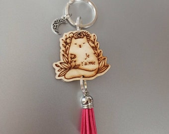 Porte clef grigri de sac chat je t'aime et pompon rose. Porte clef personnalisé sur demande. Cadeau fête des mères