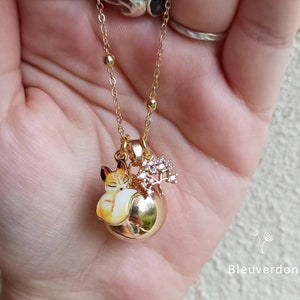 Pregnancy bola fox and tree of life with golden rhinestones, stainless steel chain