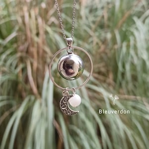 Silver moon pregnancy bola and moonstone bead. Stainless steel chain