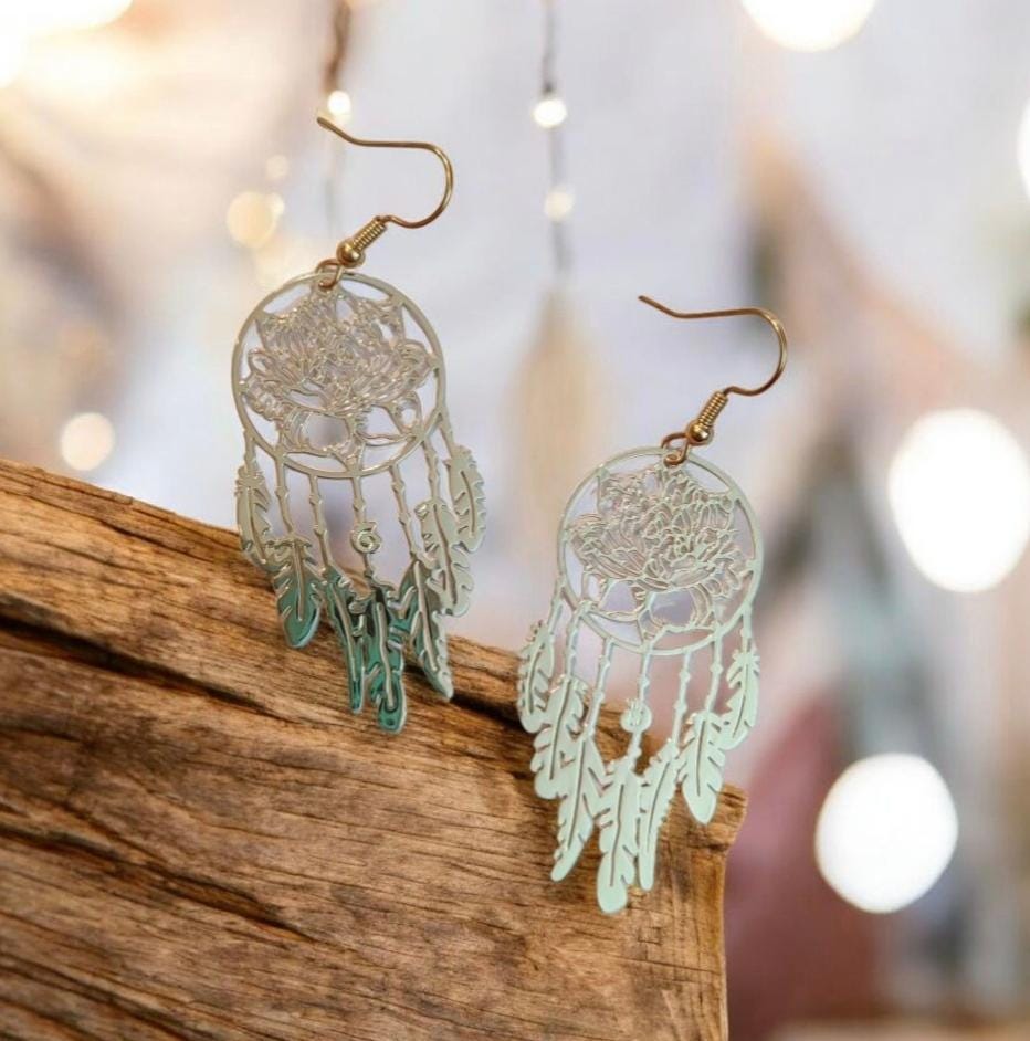 Boucles D'oreilles Longues Pendantes Attrape-Rêves - Style Bohème - Couleur Or - Occasion