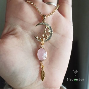 Moon, stars and golden feathers necklace