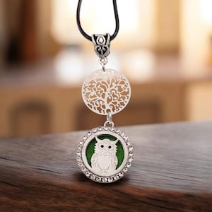 Collana per aromaterapia con gufo e albero della vita in argento