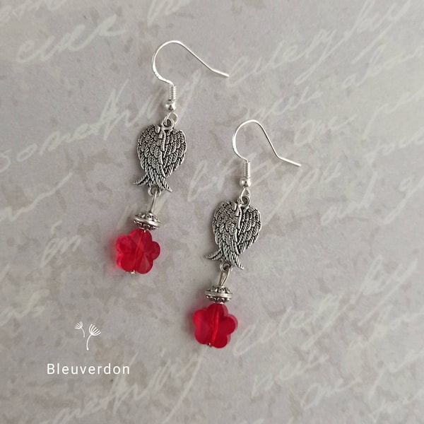 Boucles d oreilles ailes d'anges et fleurs rouges