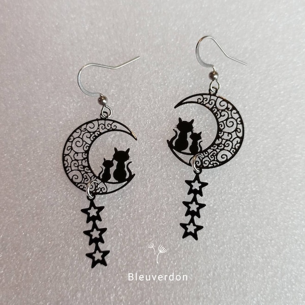Black moon and star cat earrings