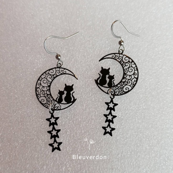 Boucles d'oreilles chats lunes et étoiles noires