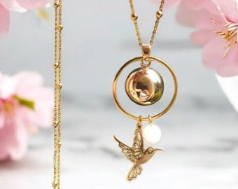 Bola de grossesse doré cercle colibri et pierre de lune. Bijoux fin. Chaîne en  acier inoxydable