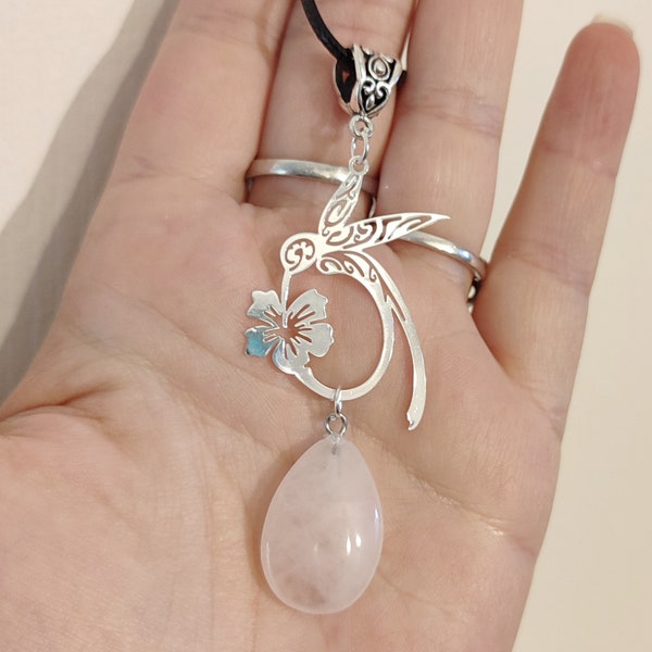 Lithothérapie : Collier quartz rose et colibri