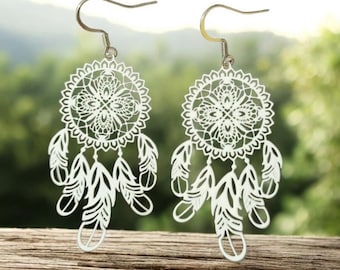 Orecchini Pendenti Acchiappasogni Nativi Americani In Argento Sterling .925 - Con Piume E Foglie, Gioielli Western Per Donne, Ipoallergenici - 2