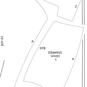 May include: A black and white line drawing of a pattern for a garment. The pattern includes measurements in millimeters and the text "STAMPED 10mm" and "CHEST 2".