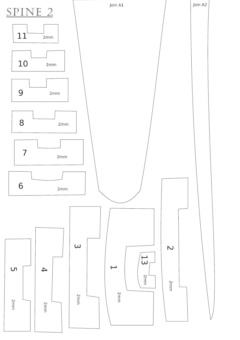 May include: A diagram showing the layout of a spine with 13 numbered pieces. Each piece is labeled with a number and the measurement "2mm". The diagram is labeled "SPINE 2" and includes the labels "Join A1" and "Join A2".
