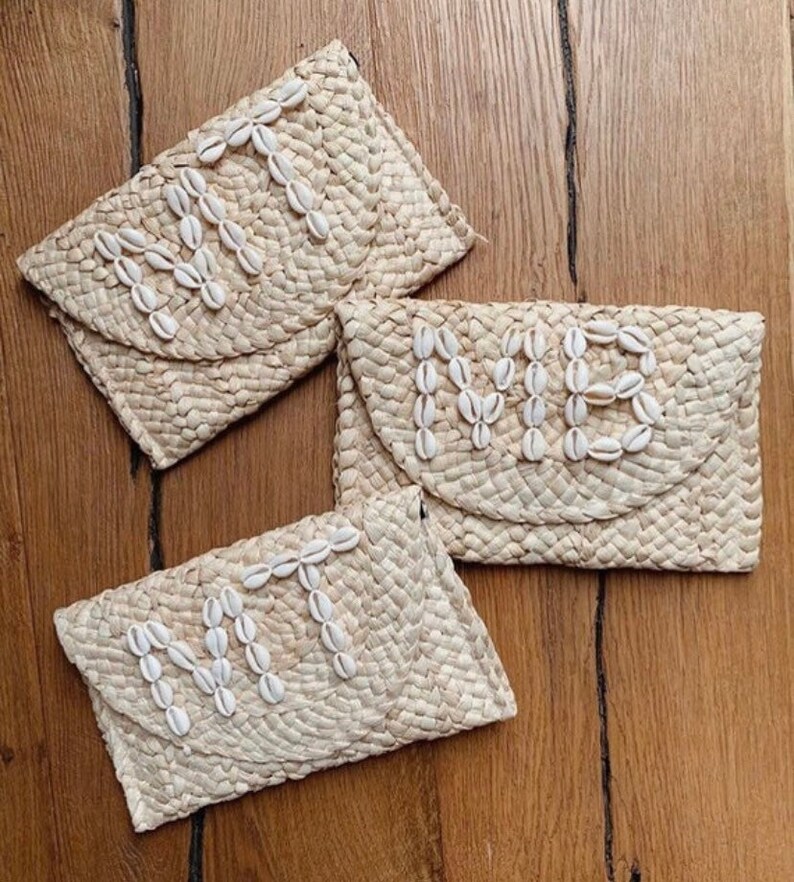 Personalised Cowrie Shell Monogram Woven Straw Clutch bag image 8