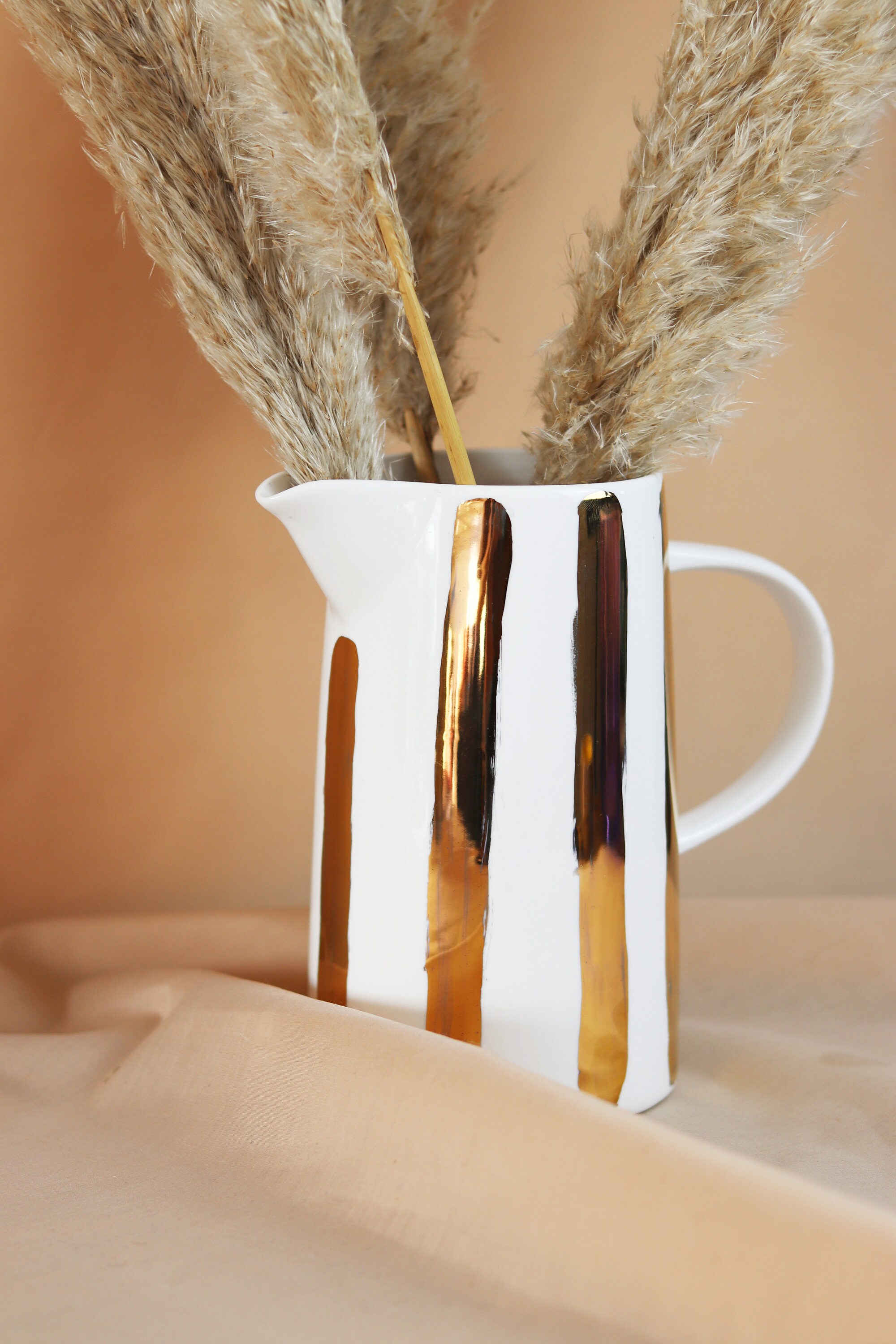 Cruche Rayée Peinte en Or, Vase Fait Main, Cruche Céramique, Métallique