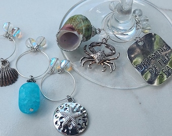 Beach Theme Wine Glass Charms - Set of 6 - Starfish - Crab - Shell - Sea Glass - Seashell - Beach Lover Wine Glass Markers
