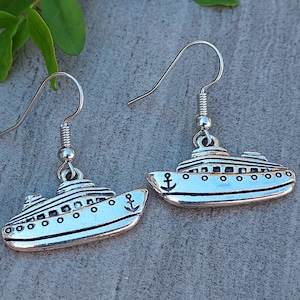 Cruise Ship Earrings - Customizable - Silver Ship Earrings Dangle - Cruise Ship Jewelry - Tropical Vacation Earrings