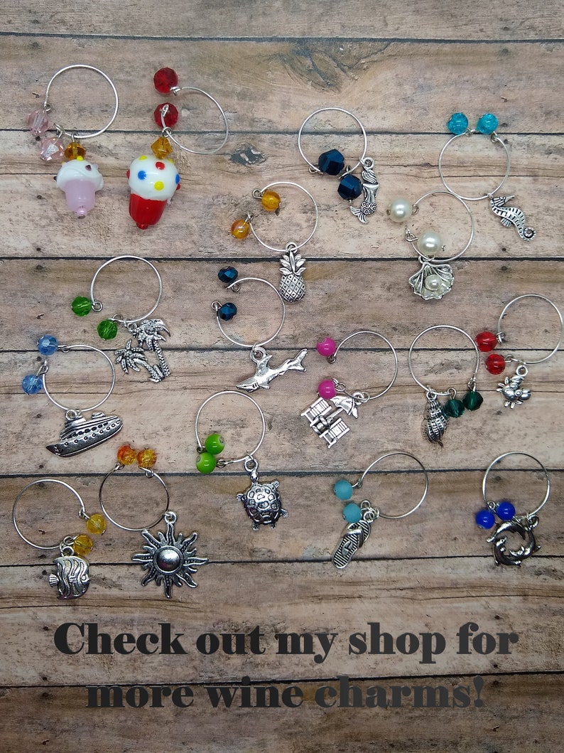 Palm Tree Wine Charm Set of 6 Tropical Wine Charms Seashell Sandal Sun Beach Chairs Cruise Ship Wine Charm Beach Wine Charms