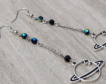 Saturn Earrings - Long Dangle Earrings - Outer Space Earrings - Planet Earrings - Space Lover Gift
