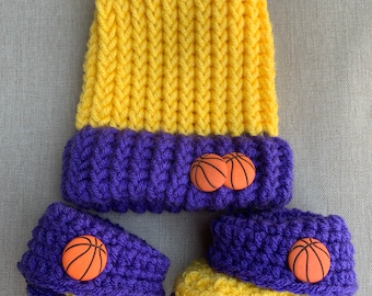 Patucos de bebé de crochet de Los Angeles Lakers, ropa de bebé de Los Angeles Lakers, gorro de bebé de Los Angeles Lakers, zapatito y gorro de bebé, gorro de bebé, zapatos de bebé recién nacido
