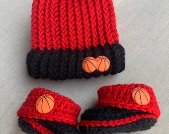 Gorro y zapatos de bebé de los Miami Heat, recién nacido de los Miami Heat, zapatillas de baloncesto para bebé, botitas y gorro para bebé, botitas de bebé tejidas a crochet, botitas para recién nacido