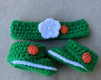 Boston Celtics Baby Crochet Outfit, Basketball Baby Shower Gift, Celtics Baby Booties, Newborn Basketball Outfit, Crocheted Booties