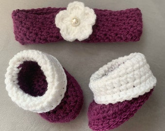 Baby Girl Booties and Head band, Baby Booties, Newborn Crochet Booties, Purple Baby Booties, Baby Girl Shoes Crochet, Baby Head Band