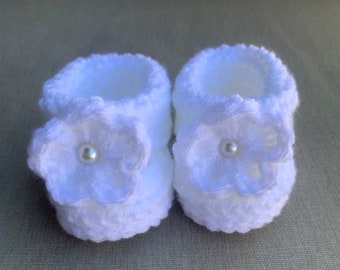White Christening Baptism Baby Booties, Baby Girl Booties, Newborn Boy Booties, Newborn Baby Shoes, Crochet Baby Shoes, White Baby Booties