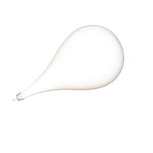 May include: A white, teardrop-shaped Christmas bauble with a silver cap. The bauble has a smooth, glossy finish and is designed to hang from a tree. The teardrop shape is elongated and tapers to a point.