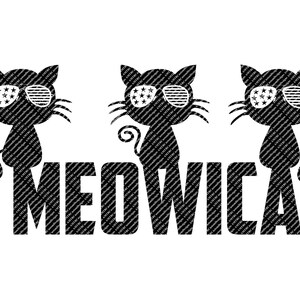 May include: Three black cats wearing sunglasses with red, white and blue stars and stripes. The cats are wearing sunglasses with the American flag pattern. The text "MEOWICA" is below the cats.
